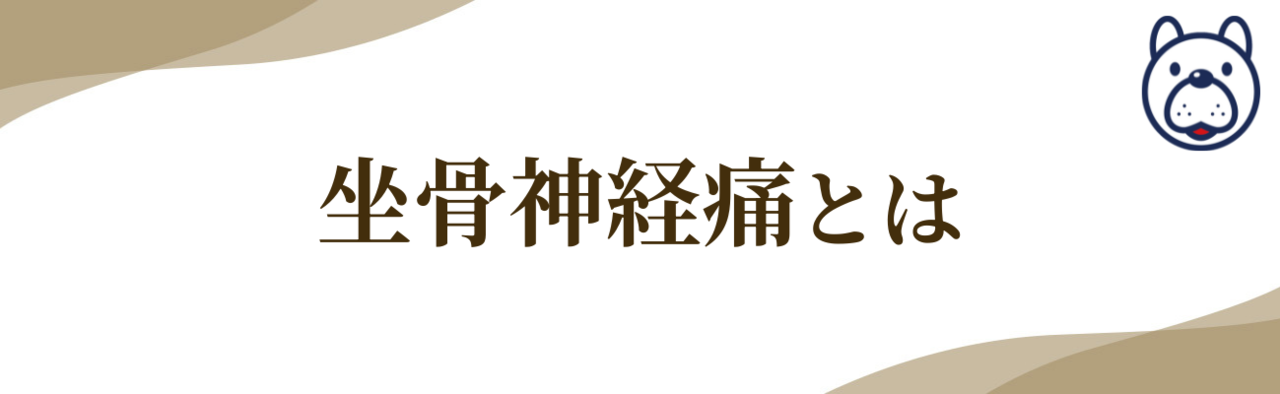 『坐骨神経痛とは』の文字とマスコットのイラスト。坐骨神経痛の原因や症状について説明する見出し画像