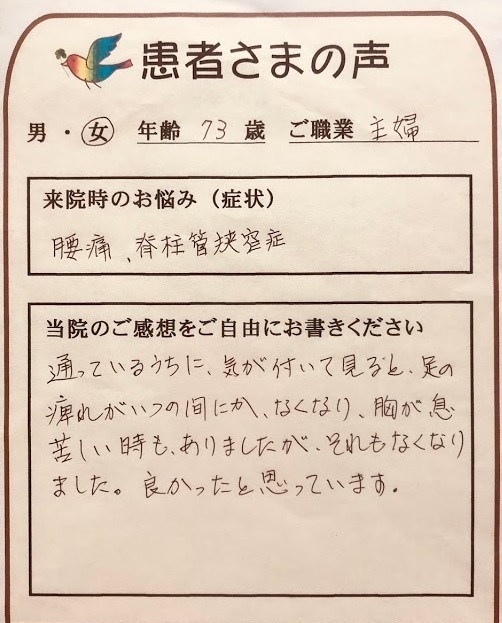 脊柱管狭窄症の足のしびれが改善した喜びの声
